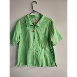 Quaker Factory Cutie Embroidered Fish Green Short Sleeve Linen Shirt sz Large